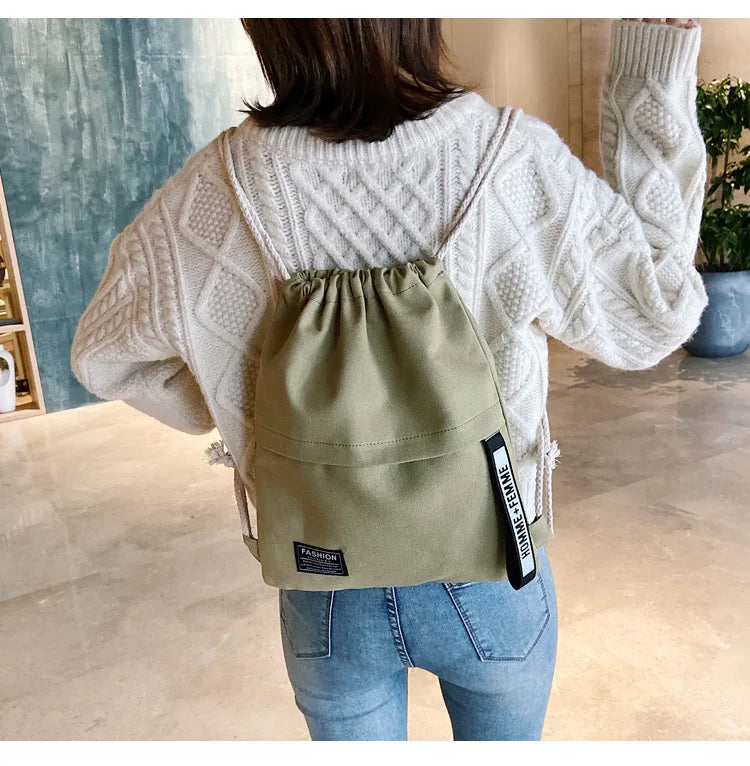 2022 Women’s Casual Canvas Drawstring Backpack – Solid Color & Letter Pattern