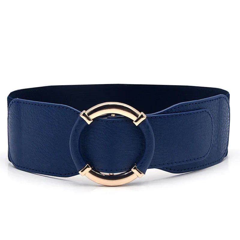 Women Elastic Stretch Waistbands Female Gold Round Buckle
