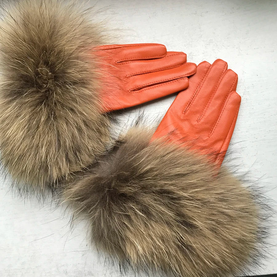 Real Sheepskin Fox Fur Gloves Women's Genuine Leather