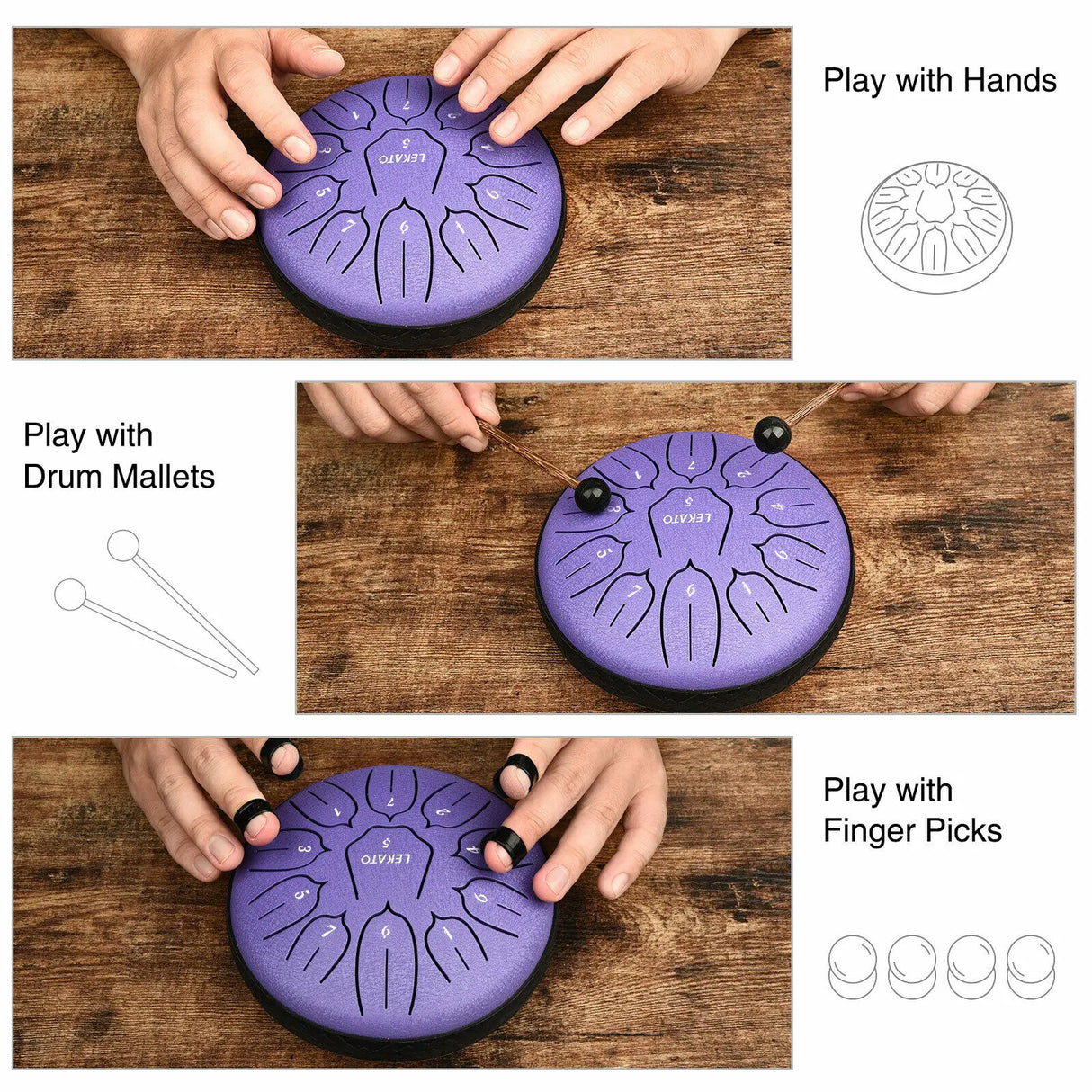 LEKATO 6'' Tongue Drum 11 Notes D Tune