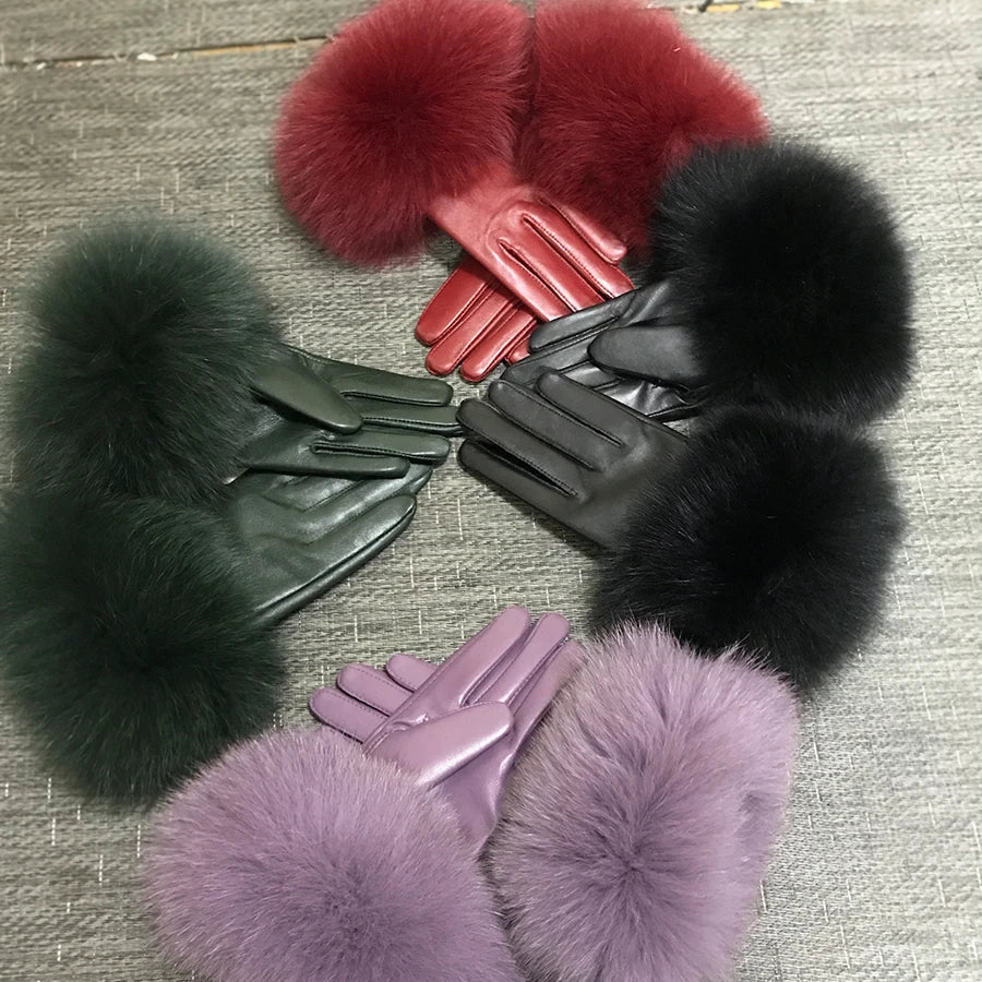 Real Sheepskin Fox Fur Gloves Women's Genuine Leather