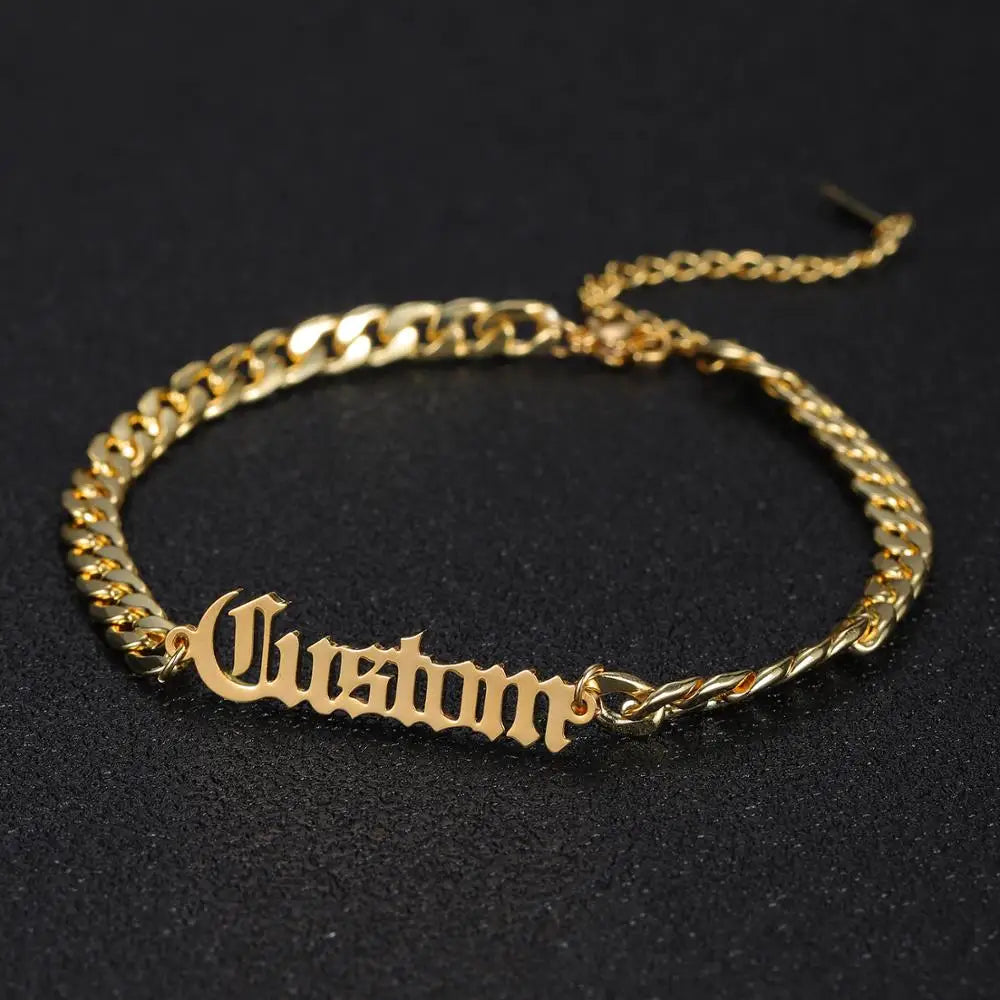 MYDIY Stainless Steel Custom Thick Chain Bangle Personalized Name Bracelet Old English Bracelet Men’s Gift Brother Gift