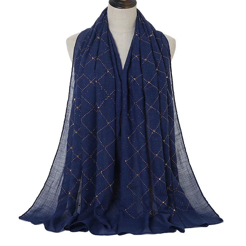 Fashion Plain Cotton Scarf Muslim Hijab Shiny Diamond