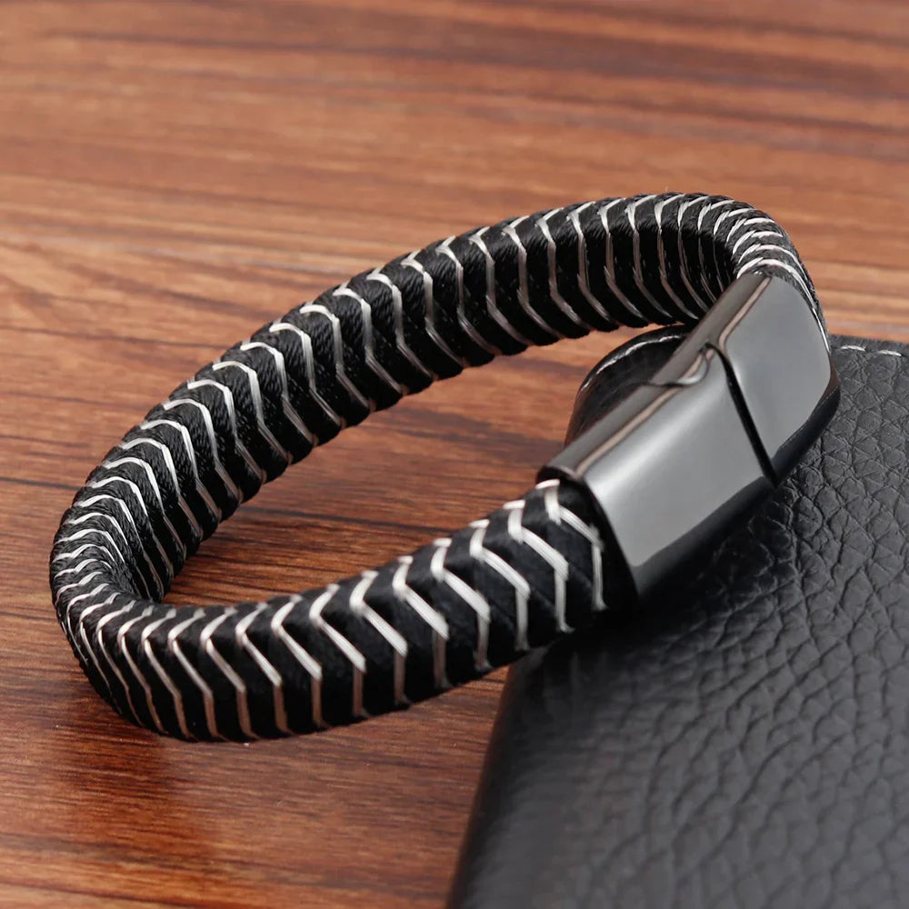 Punk Threaded Button Metal Weaving Bracelet for Men
