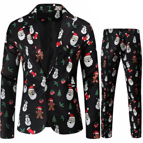 Red Printed Two-piece Men's Christmas Suit Jacket