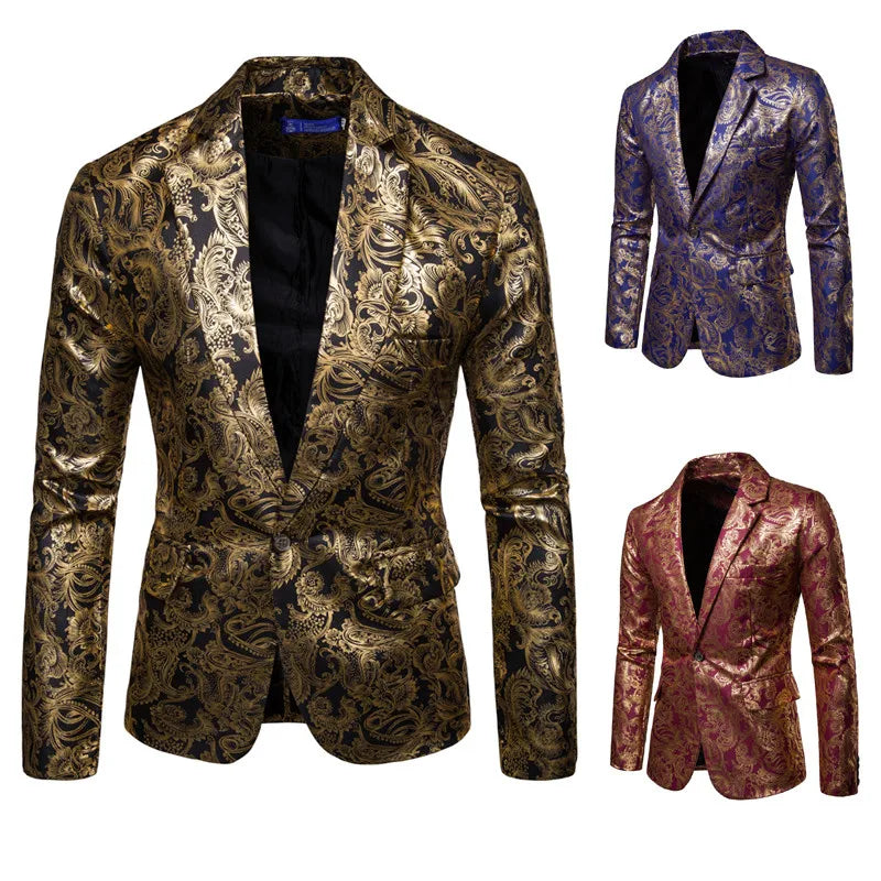 Men's Golden Floral Blazers Business Casual Suit Wedding