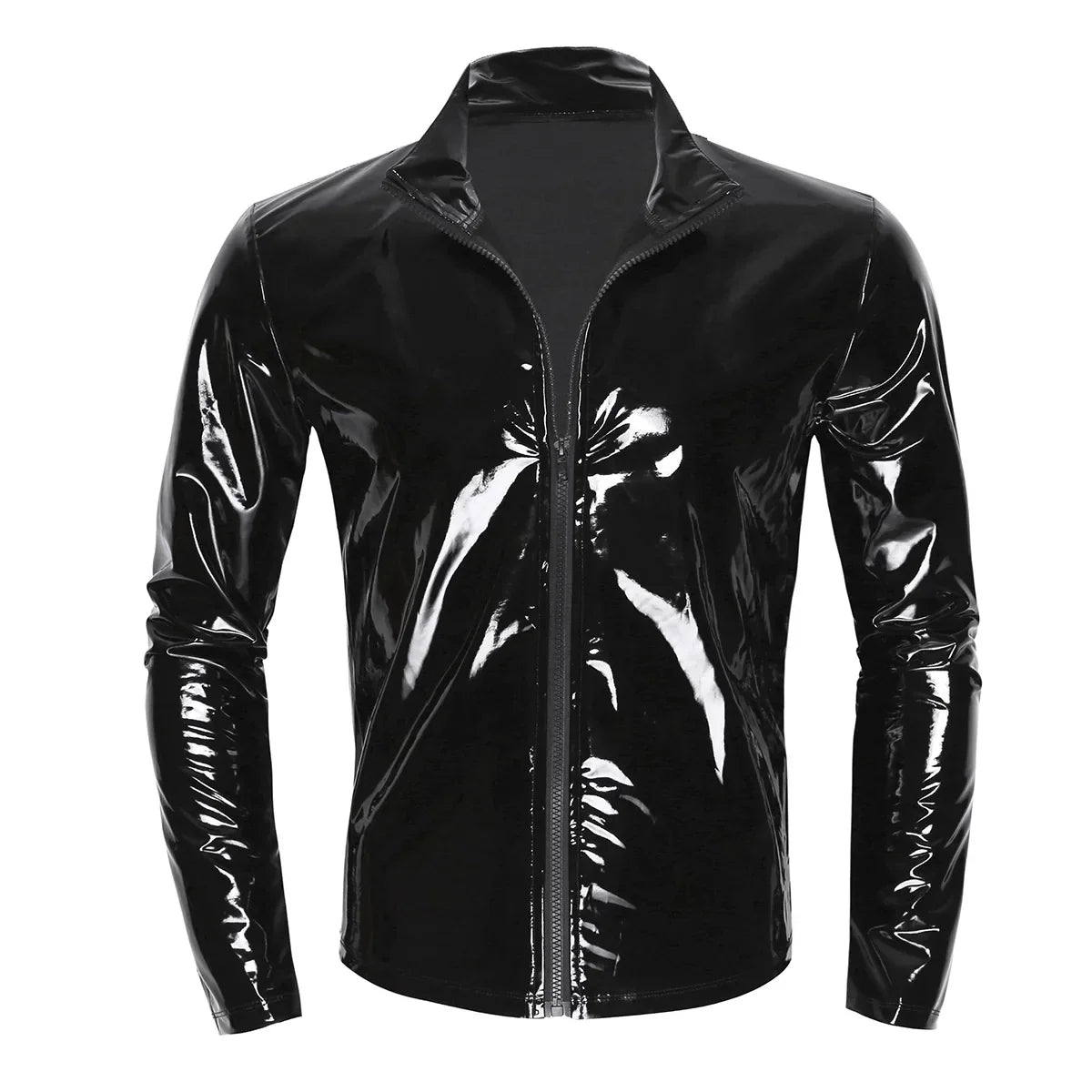 Men Wet Look Patent Leather Coat Long Sleeve