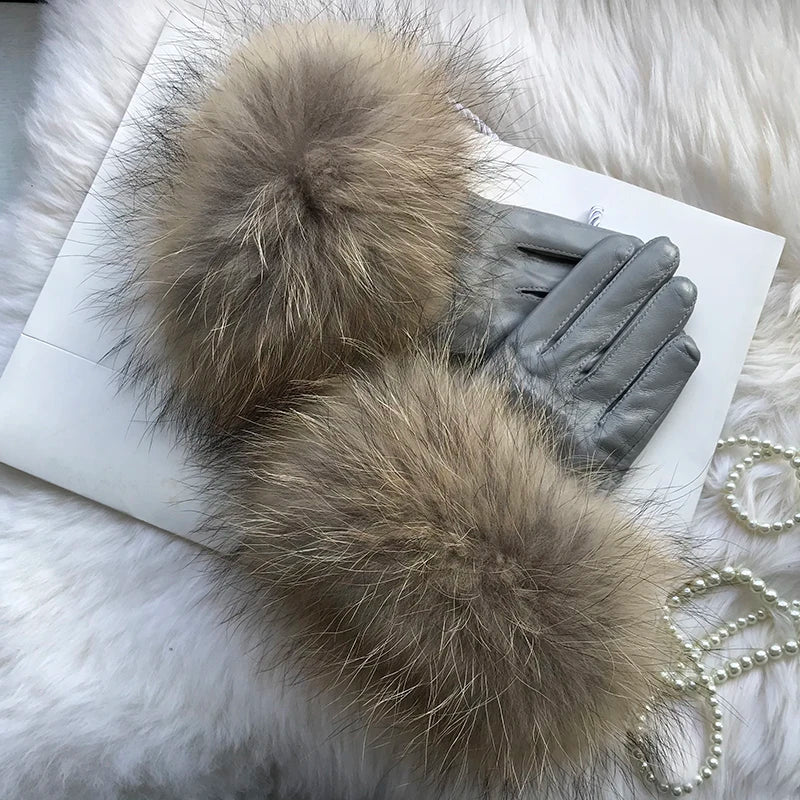 Real Sheepskin Fox Fur Gloves Women's Genuine Leather