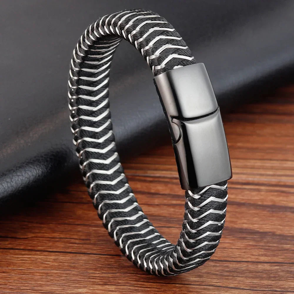 Punk Threaded Button Metal Weaving Bracelet for Men