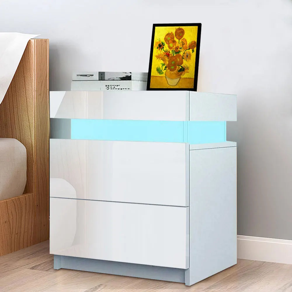 Modern Luxury LED Light Nightstand w/2 Drawers Organizer