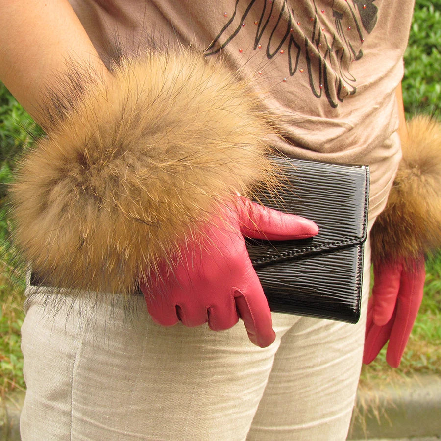 Real Sheepskin Fox Fur Gloves Women's Genuine Leather