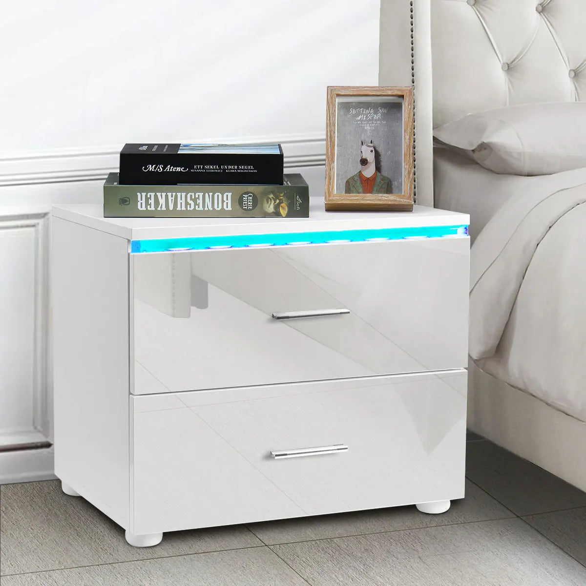 Modern Luxury LED Light Nightstand w/2 Drawers Organizer