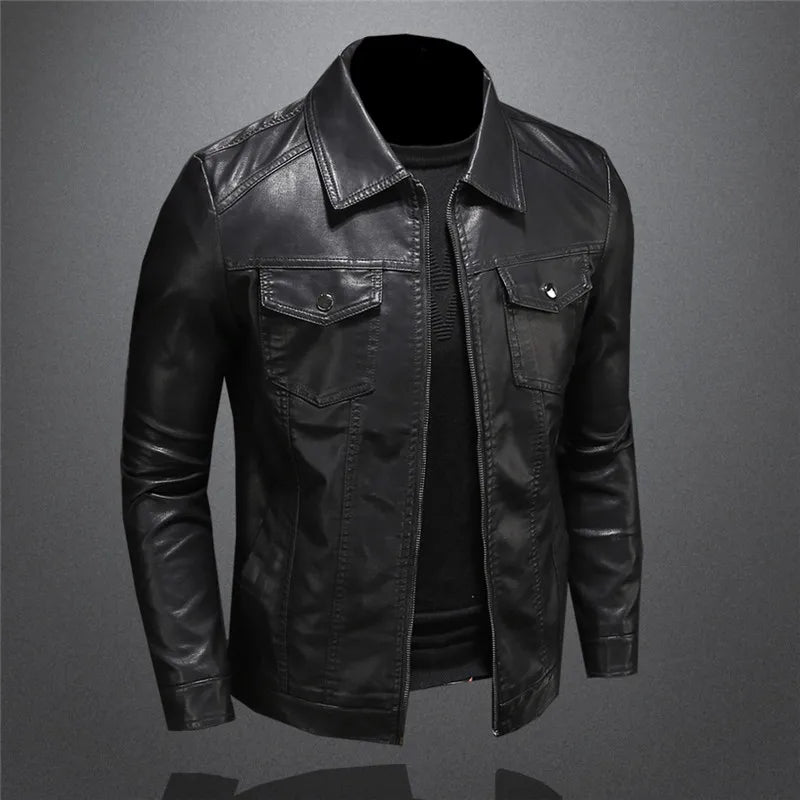 Men's Motorcycle Leather Jacket Large Size Pocket Black