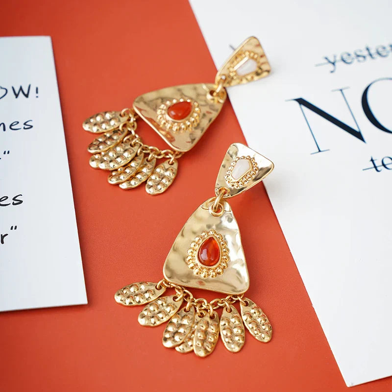 Vintage Leaves Earrings Heavy Metal Gold Studs Tassel