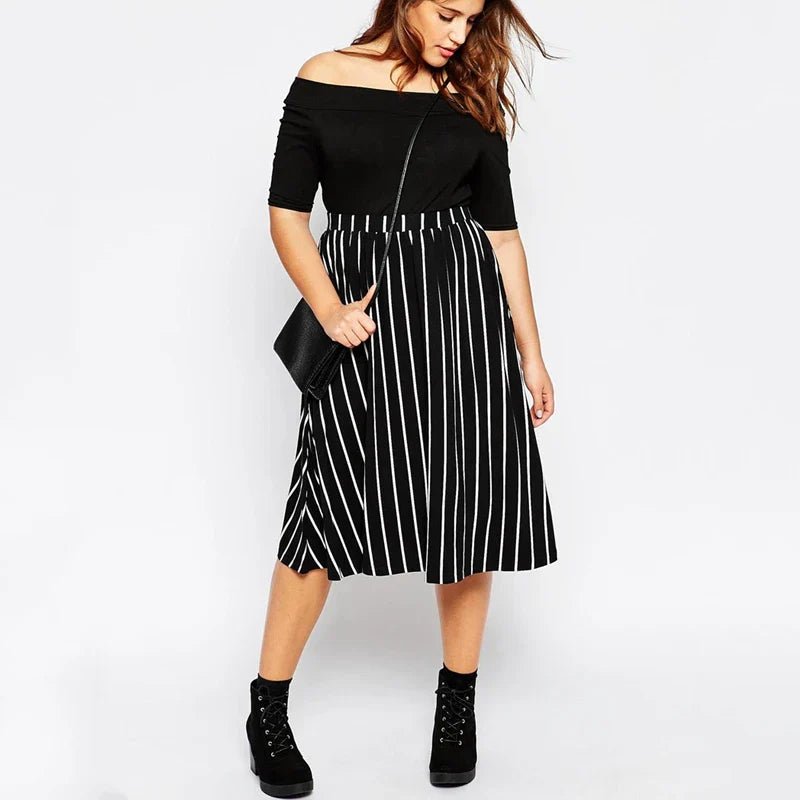Plus Size High Elastic Waist Casual Striped Skirt