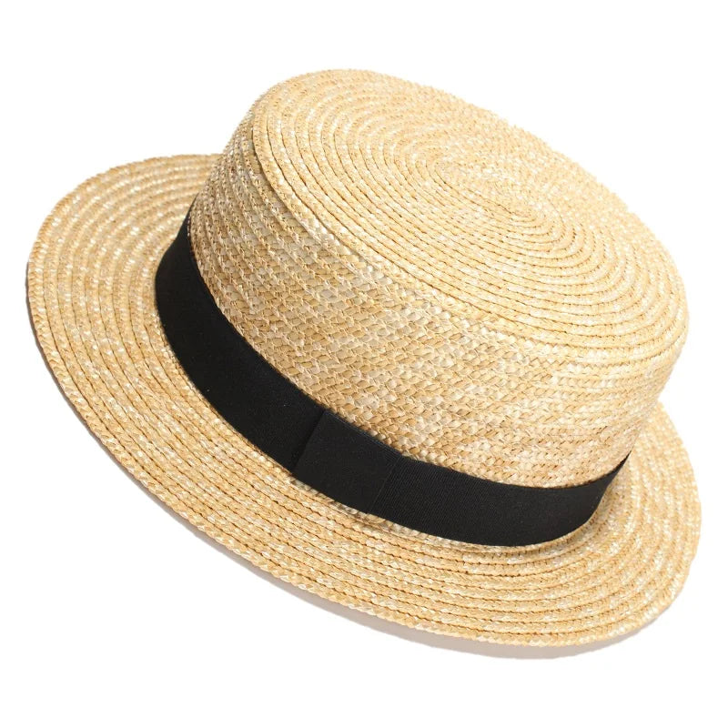 RH Natural Wheat Straw Boater Fedora Top Flat