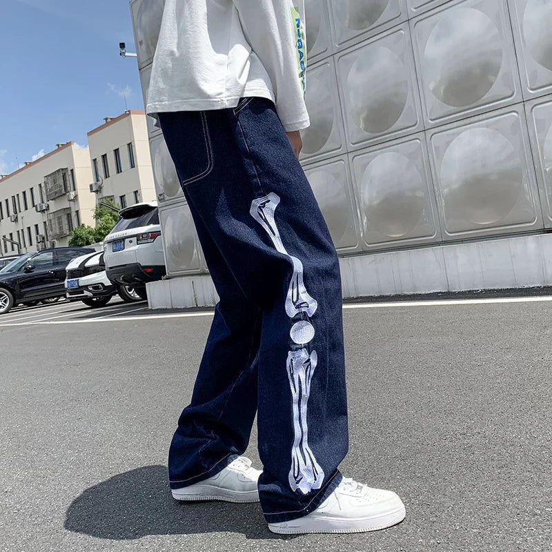 Jeans Men Skeleton Baggy Casual Jean Pants Mens