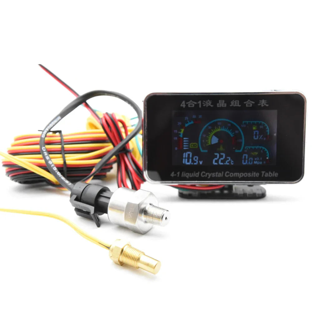 4-in-1 LCD Car Digital Gauge: Voltmeter, Oil Pressure, Fuel, Water Temp