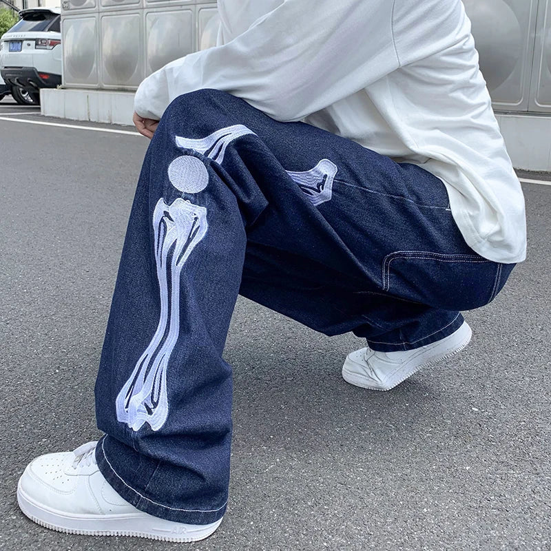 Jeans Men Skeleton Baggy Casual Jean Pants Mens