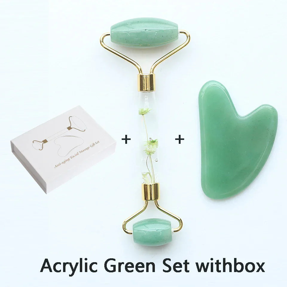 Natural Green Jade Roller Gua Sha Set Facial