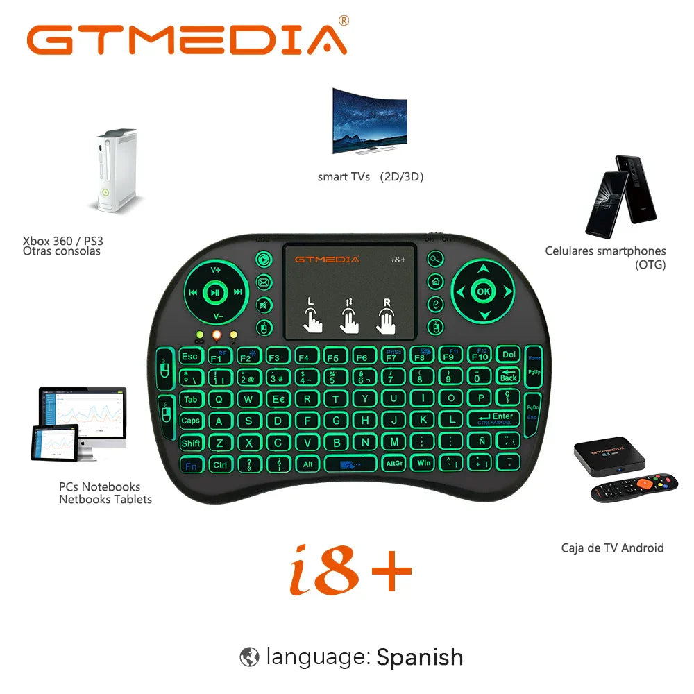Backlit i8+ Mini Wireless Keyboard 2.4GHZ Air Mouse Touchpad Remote For Android TV Box Laptop for Spain、Russian and English