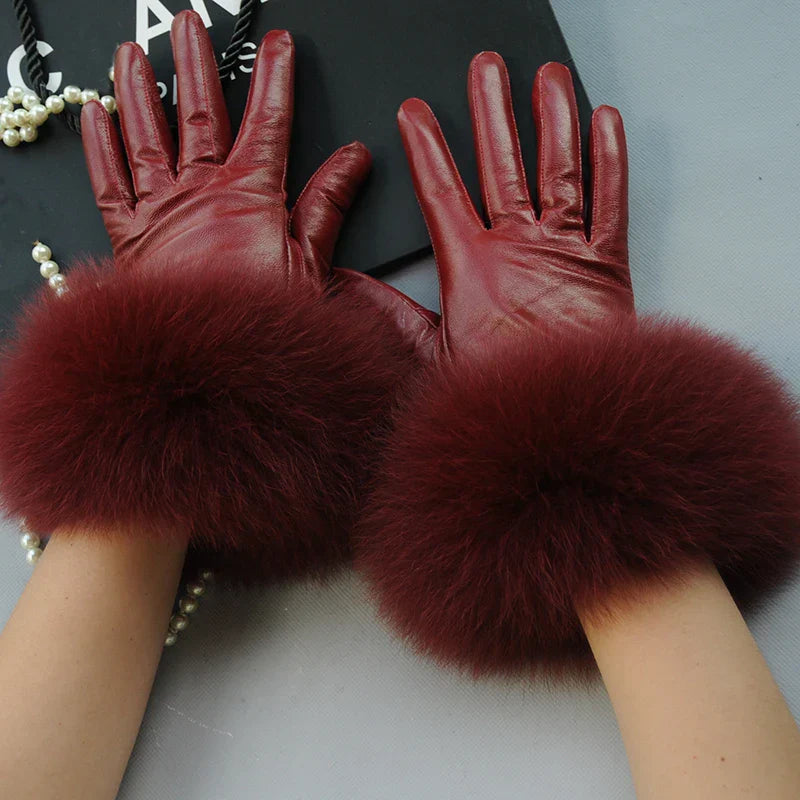 Real Sheepskin Fox Fur Gloves Women's Genuine Leather