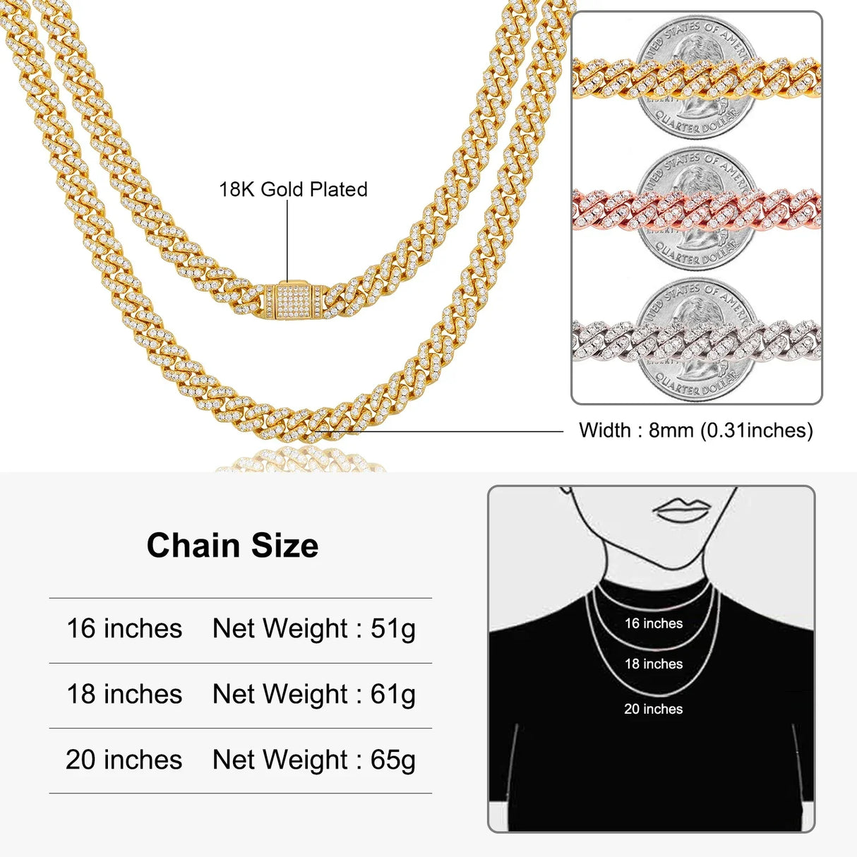 6mm 8mm Width Fashion Miami Cuban Chain Necklace