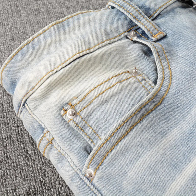 Men Crystal Holes Ripped Patchwork Jeans Streetwear Light