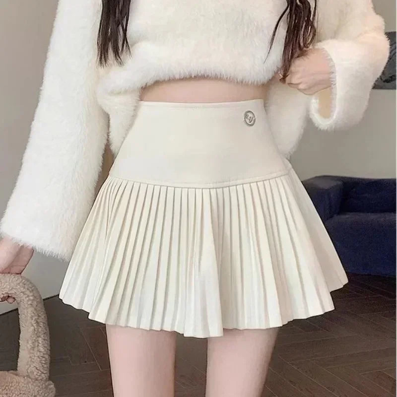 HOUZHOU Woolen Pleated Skirt Women Korean Cute Sexy