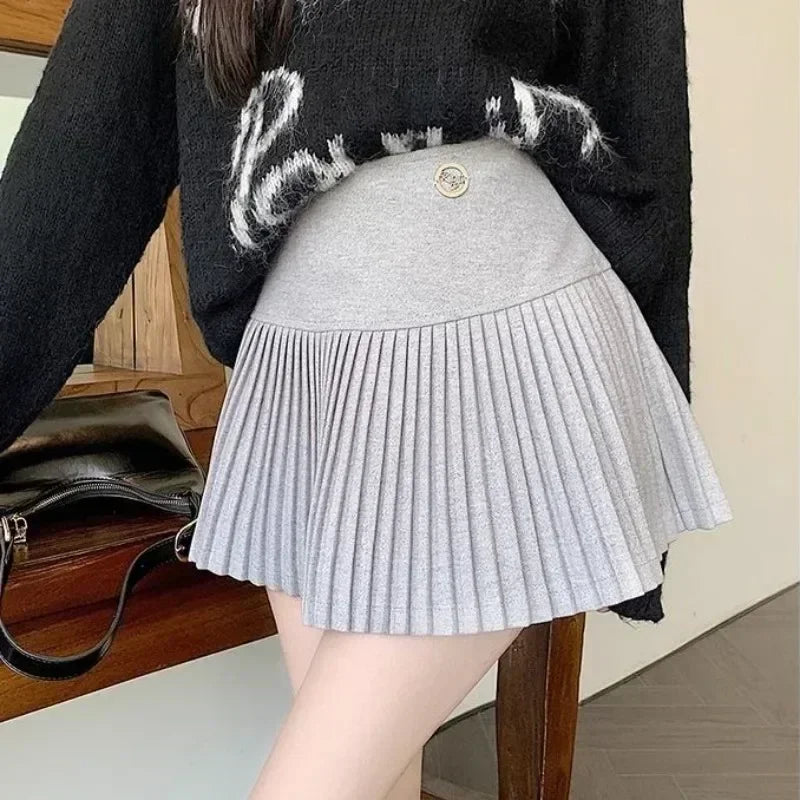 HOUZHOU Woolen Pleated Skirt Women Korean Cute Sexy