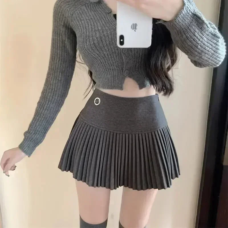 HOUZHOU Woolen Pleated Skirt Women Korean Cute Sexy