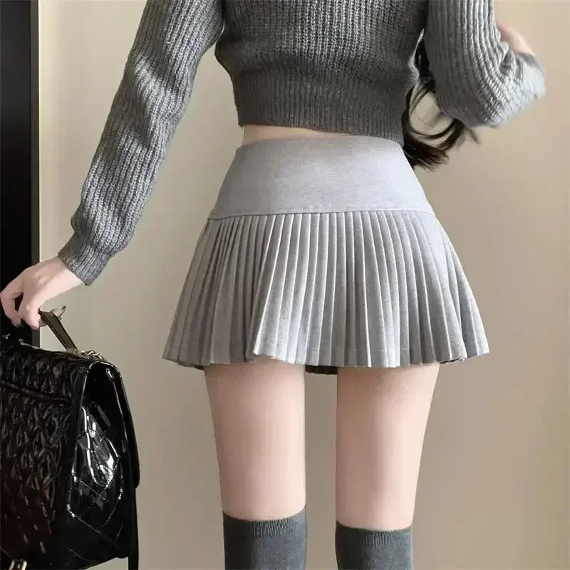 HOUZHOU Woolen Pleated Skirt Women Korean Cute Sexy