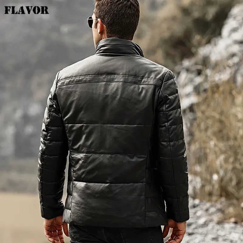FLAVOR Men's Real Leather Down Jacket Men Genuine