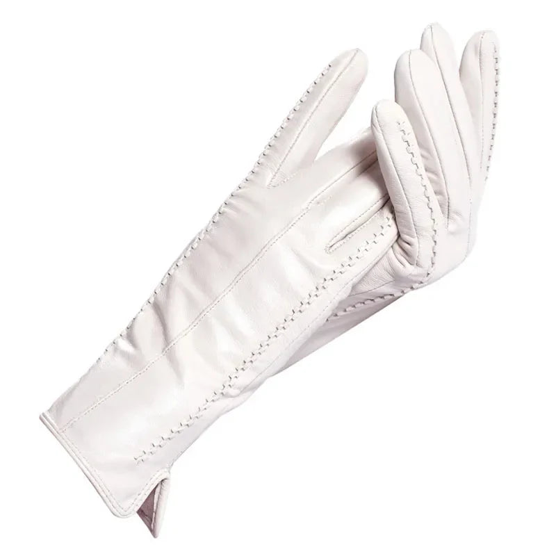 White leather women's gloves, Genuine Leather, cotton lining