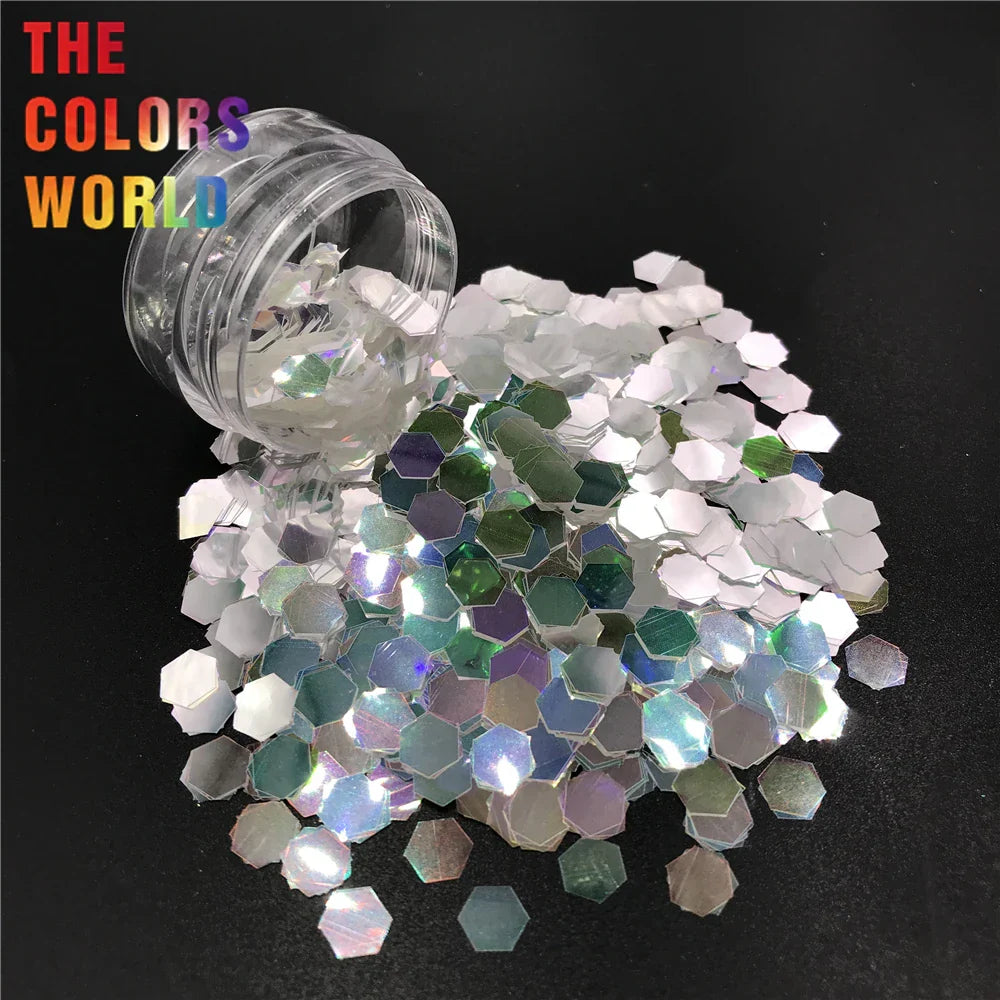 TCR6321A White Iridescent Rainbow Hexagon Shape Nails Glitter