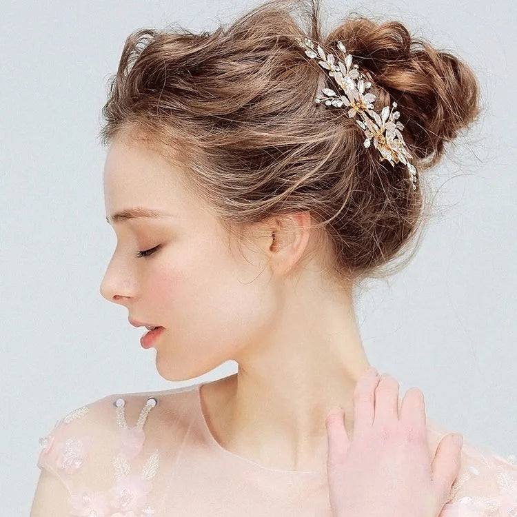 SLBRIDAL Handmade Golden Austrian Crystals Rhinestones Flower Leaf