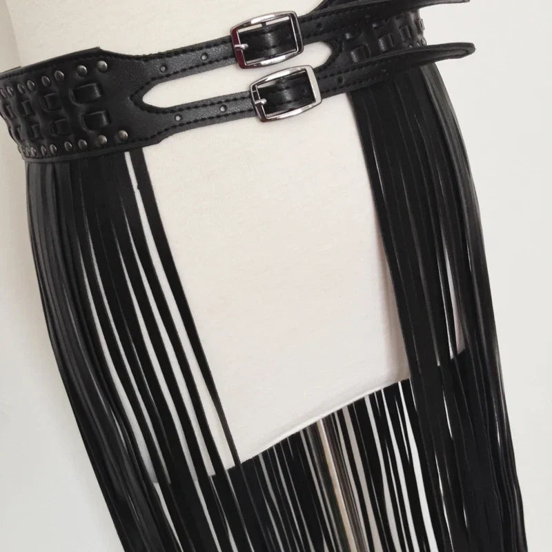 Sexy Long Fringe Leather Belts Black Designer Ceinture