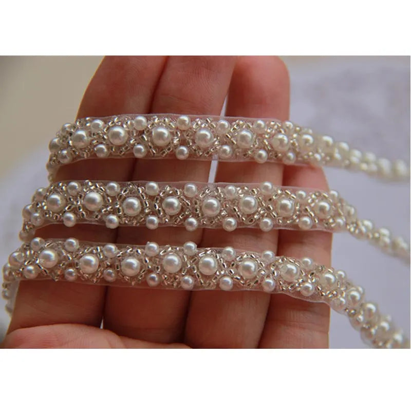 2Yards Pearl Beaded Lace Trim Mesh Lace Ribbon