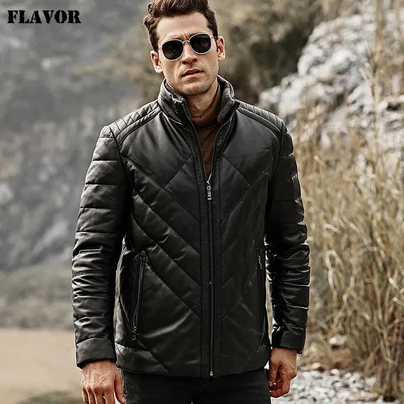 FLAVOR Men's Real Leather Down Jacket Men Genuine