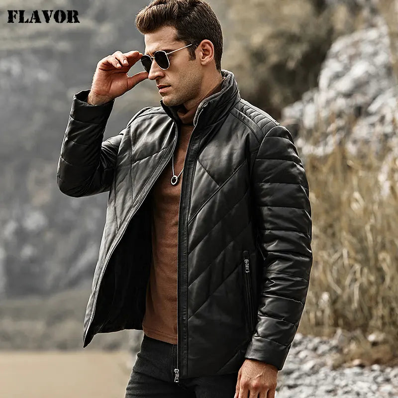 FLAVOR Men's Real Leather Down Jacket Men Genuine