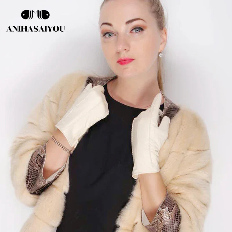 White leather women's gloves, Genuine Leather, cotton lining