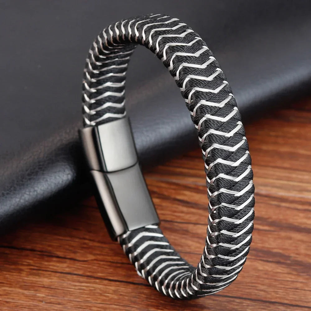Punk Threaded Button Metal Weaving Bracelet for Men