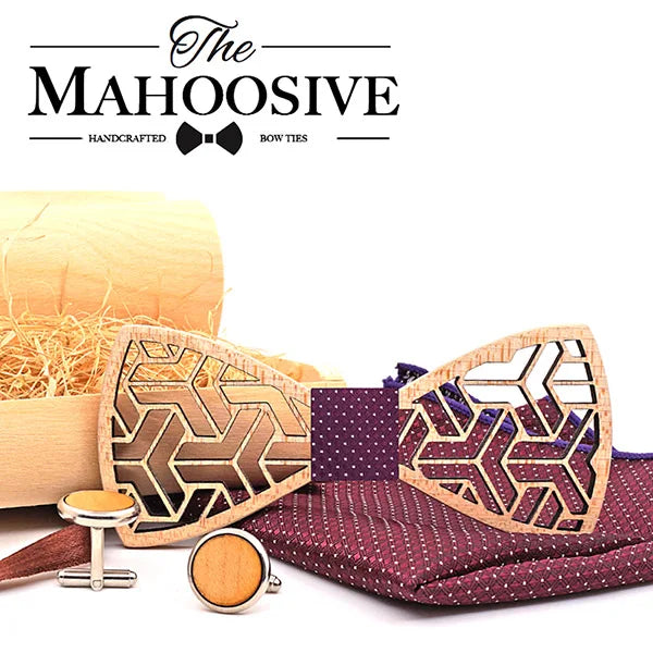 MAHOOSIVE Pocket Square Handkerchiefs Wood Bowtie Cufflinks Set
