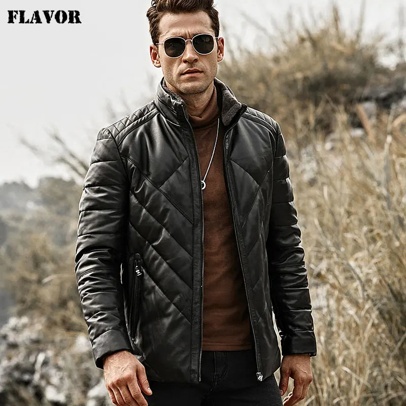 FLAVOR Men's Real Leather Down Jacket Men Genuine