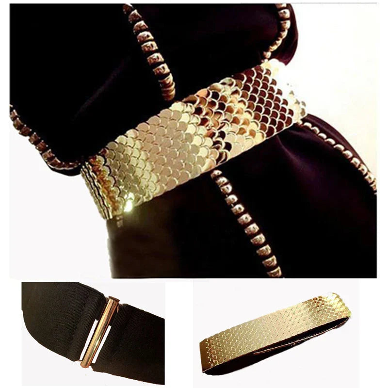 4.5cm Wide Elastic Black Belt Gold Metal Fish