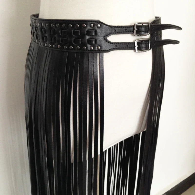 Sexy Long Fringe Leather Belts Black Designer Ceinture