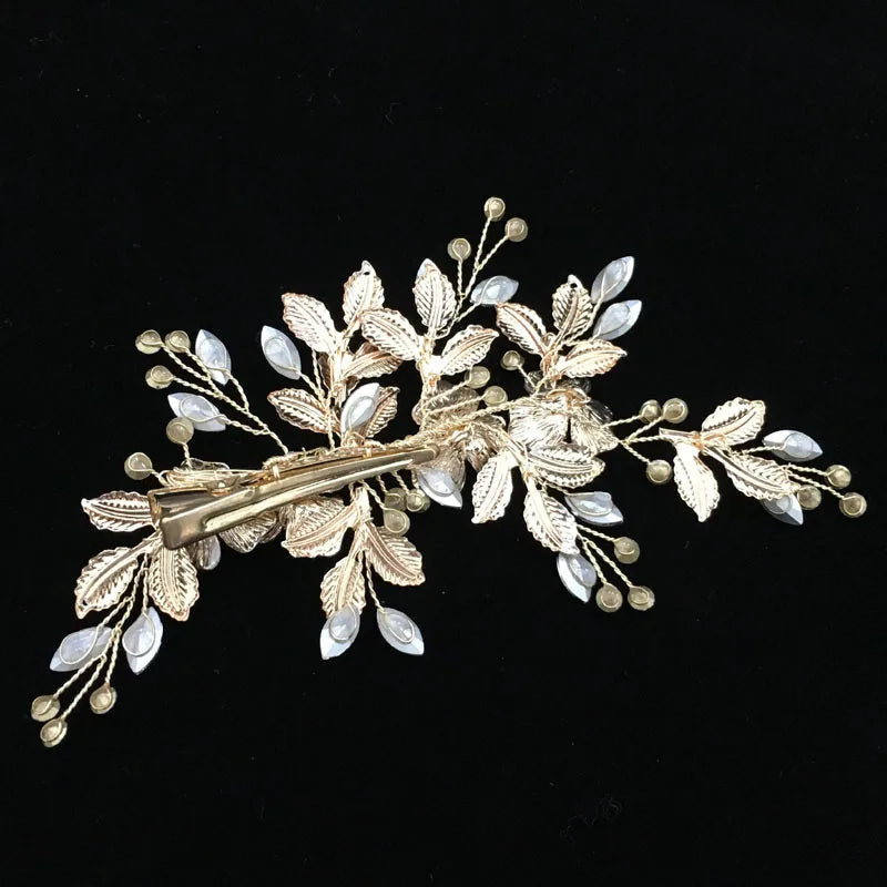 SLBRIDAL Handmade Golden Austrian Crystals Rhinestones Flower Leaf