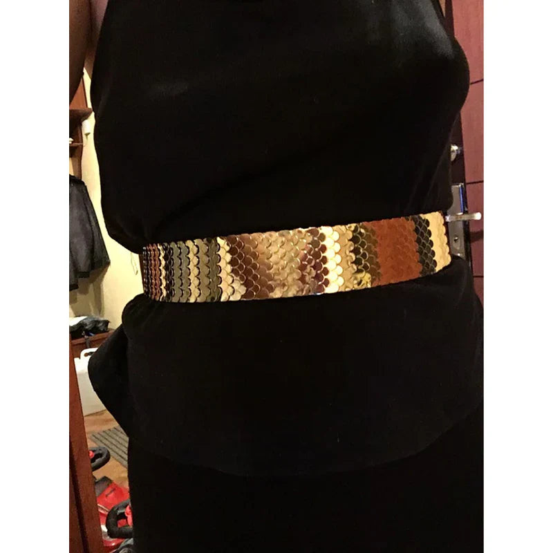 4.5cm Wide Elastic Black Belt Gold Metal Fish