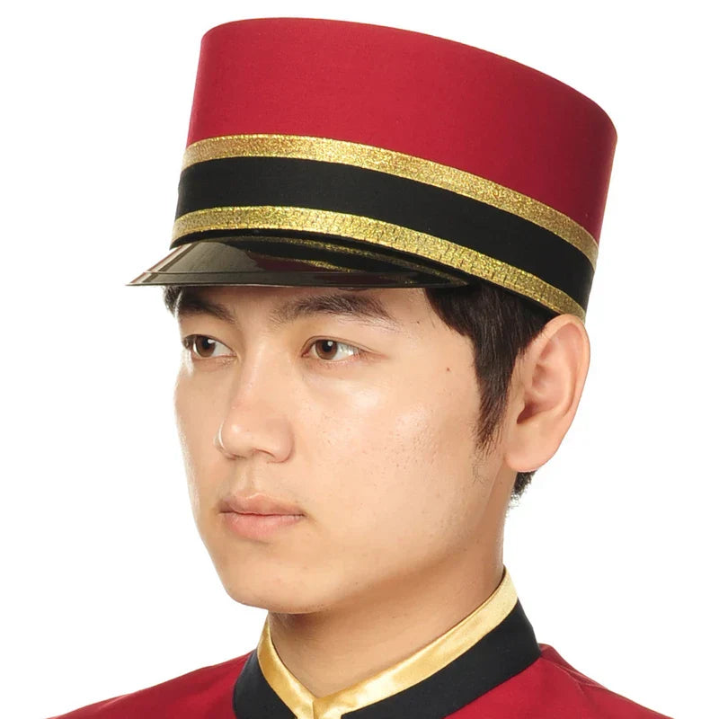 red hotel receiption hat for men doorman hat