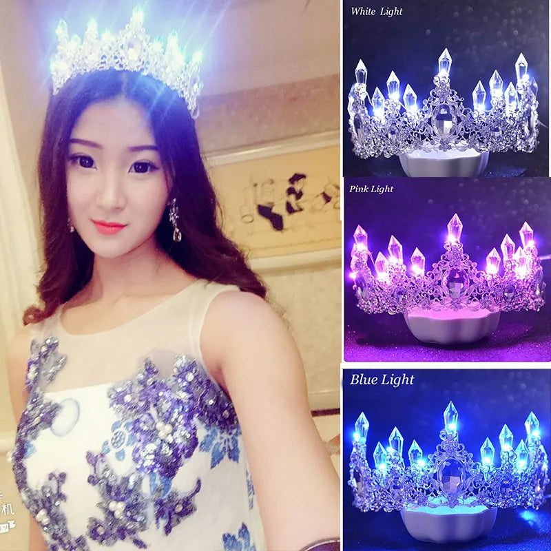 LED Light Crystal Crown Tiaras for Bride Women